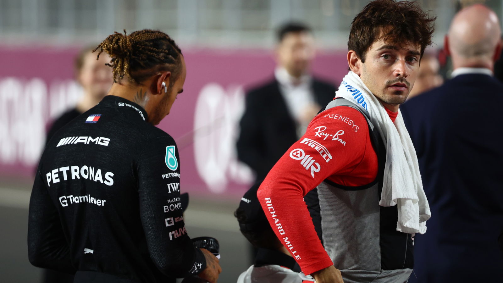 (L to R): Lewis Hamilton (GBR) Mercedes AMG F1 with Charles Leclerc (MON) Ferrari on the drivers' parade. Formula 1 World