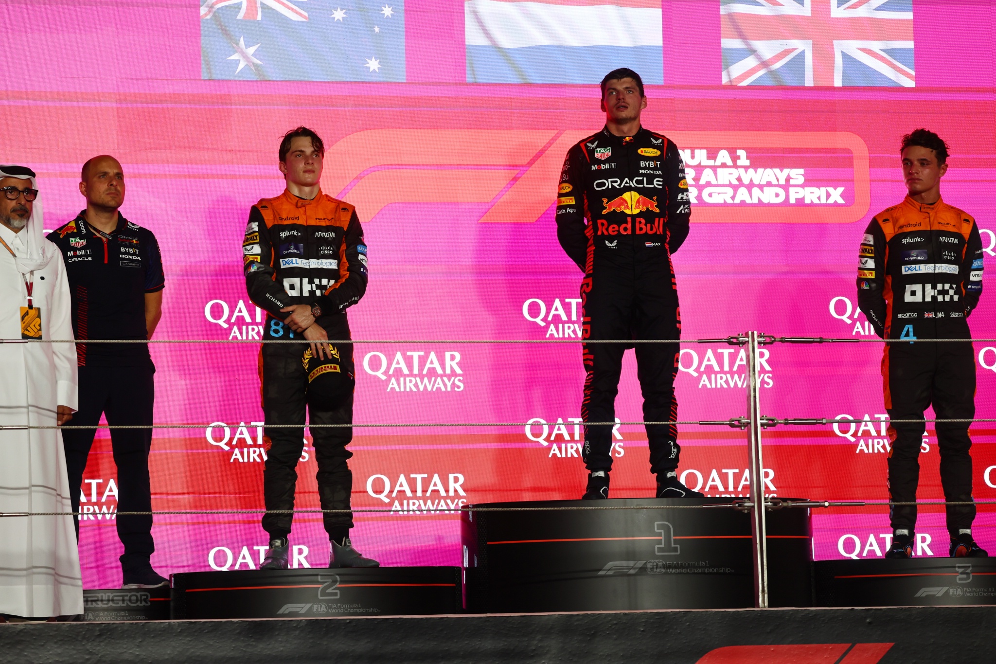 1st place Max Verstappen (NLD) Red Bull Racing, 2nd place Oscar Piastri (AUS) McLaren, 3rd place Lando Norris (GBR)
