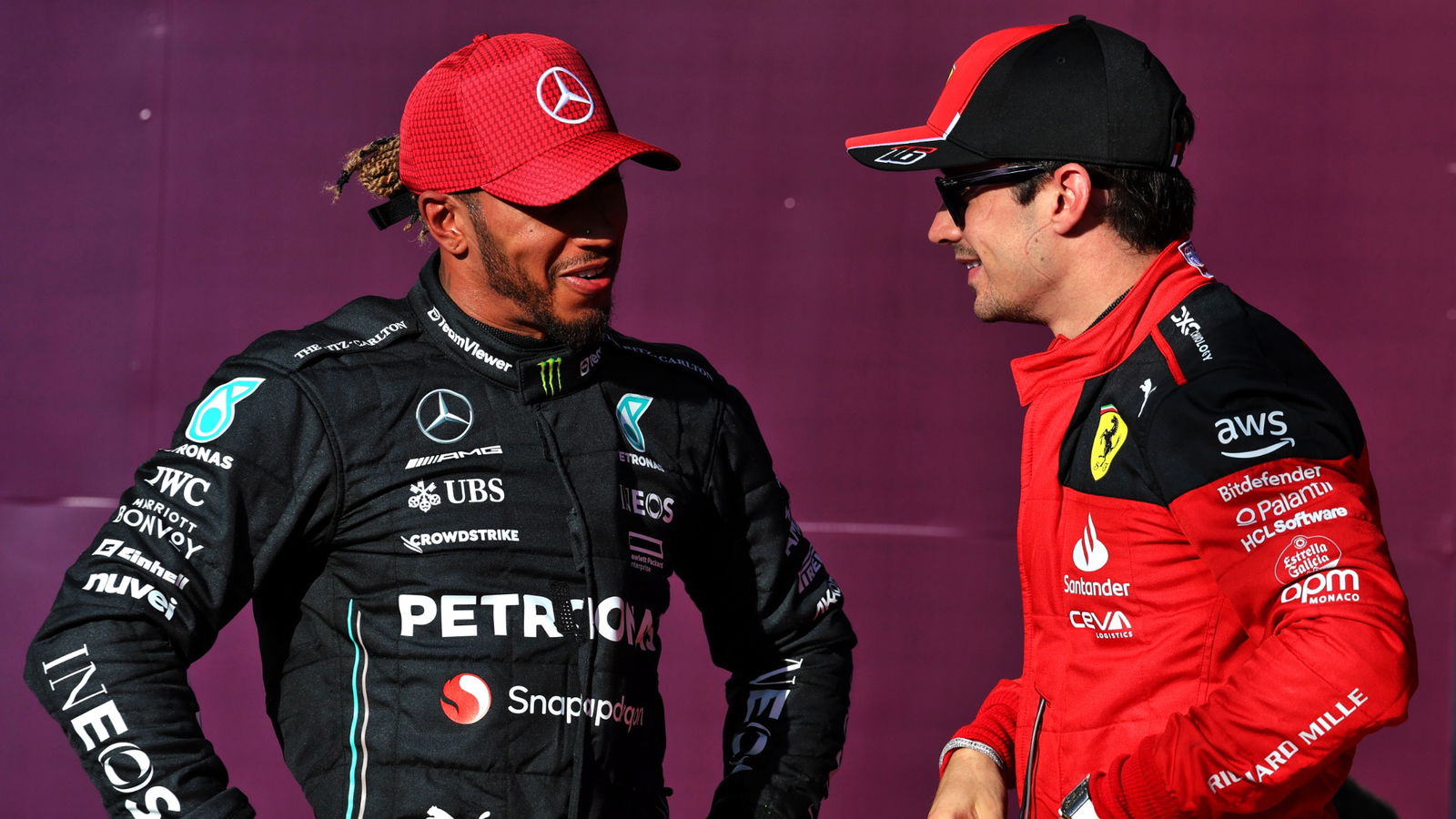 (L to R): third placed Lewis Hamilton (GBR) Mercedes AMG F1 in qualifying parc ferme with pole sitter Charles Leclerc (MON)
