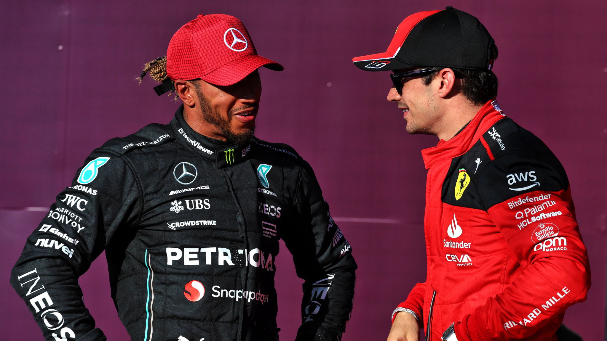 (L to R): third placed Lewis Hamilton (GBR) Mercedes AMG F1 in qualifying parc ferme with pole sitter Charles Leclerc (MON)