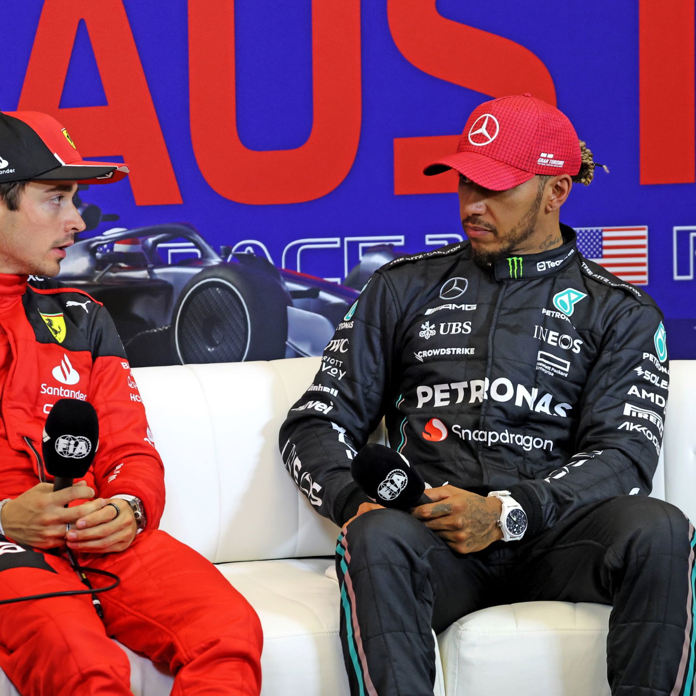(L to R): Charles Leclerc (MON) Ferrari and Lewis Hamilton (GBR) Mercedes AMG F1, in the post qualifying FIA Press