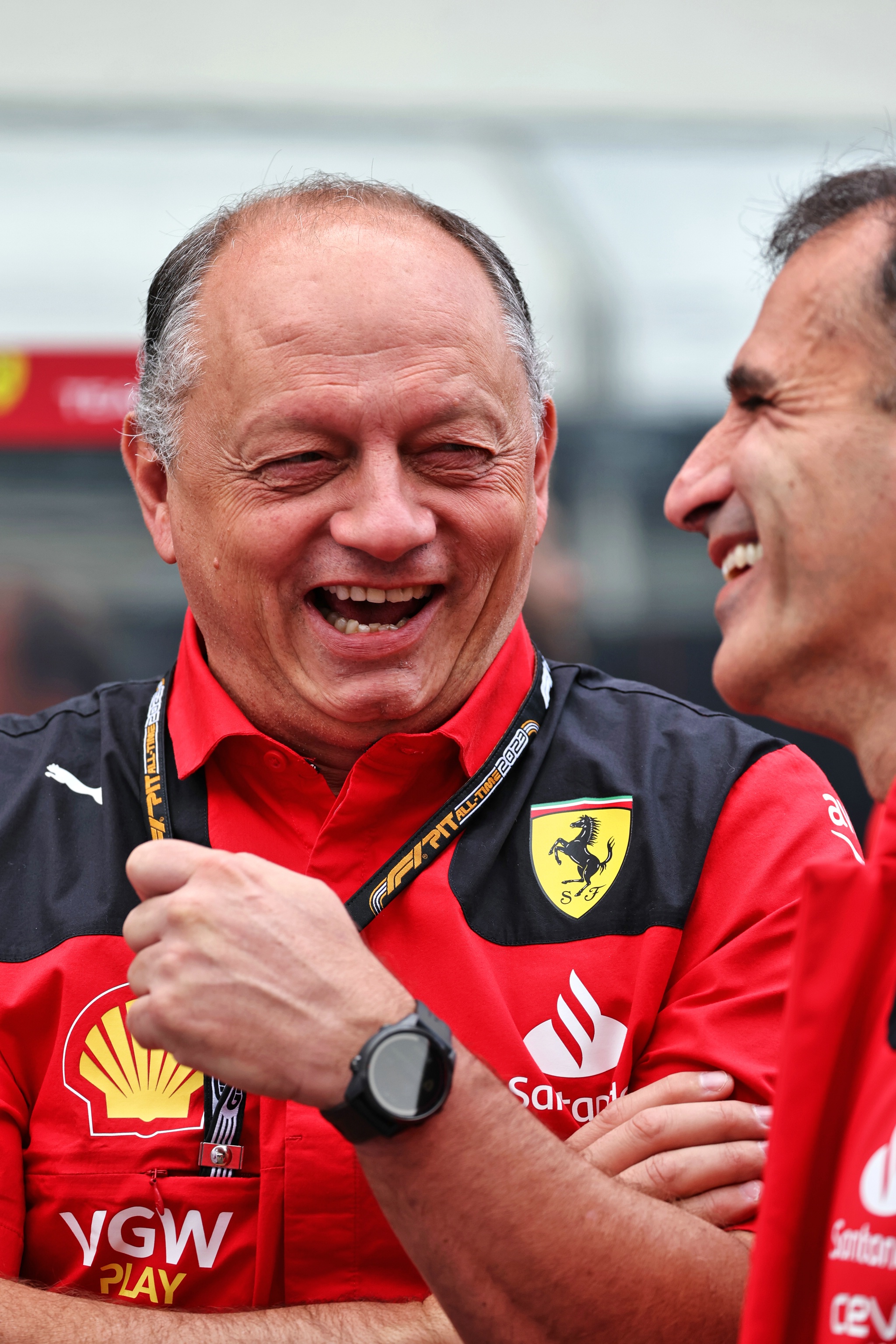 Frederic Vasseur (FRA) Ferrari Team Principal with Marc Gene (ESP) Ferrari Test Driver. Formula 1 World Championship, Rd