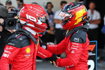 (L to R): Charles Leclerc (MON) Ferrari celebrates his pole position in qualifying parc ferme with second placed team mate