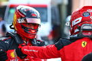 Charles Leclerc (MON) Ferrari celebrates his pole position in qualifying parc ferme with second placed team mate Carlos