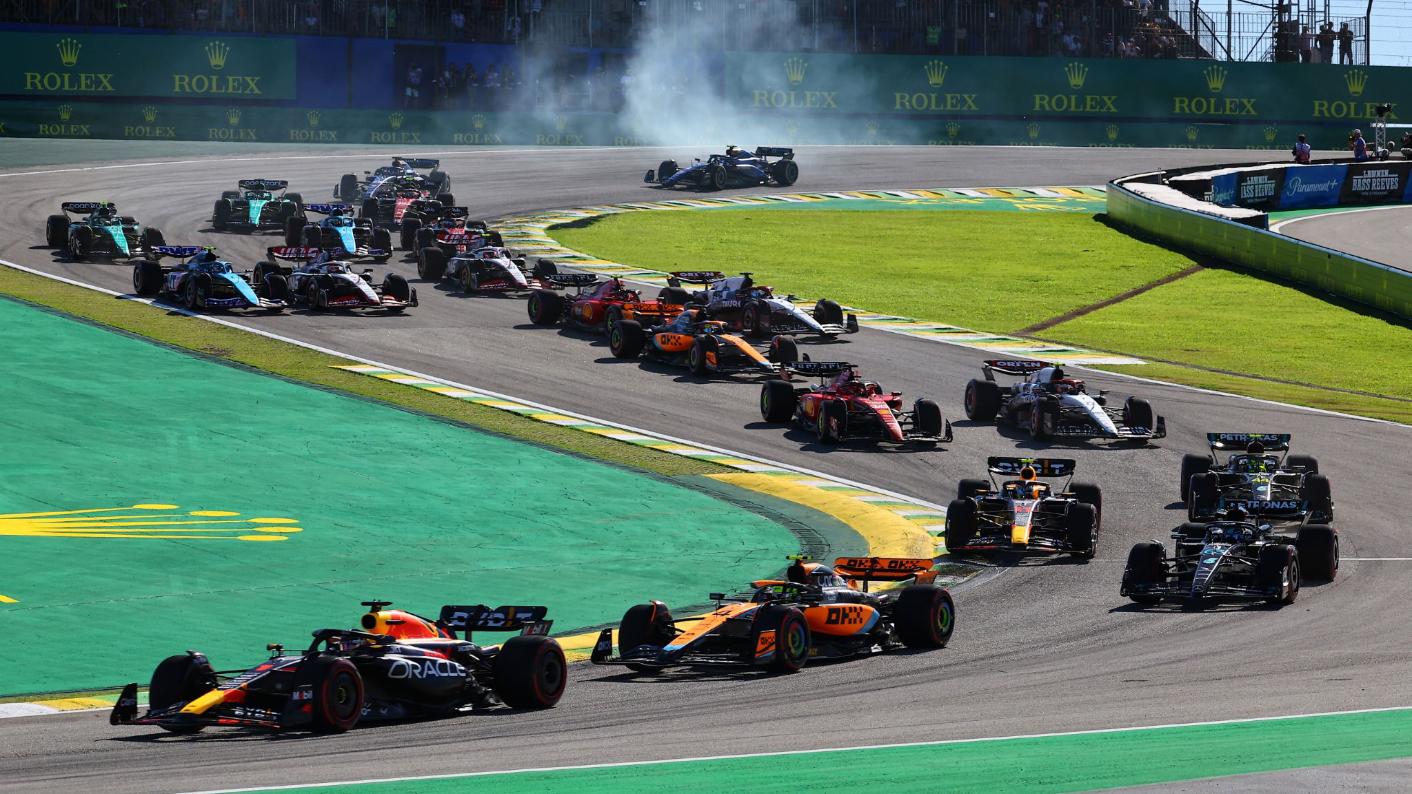 Max Verstappen (NLD) Red Bull Racing RB19 leads at the start of Sprint. Formula 1 World Championship, Rd 21, Brazilian