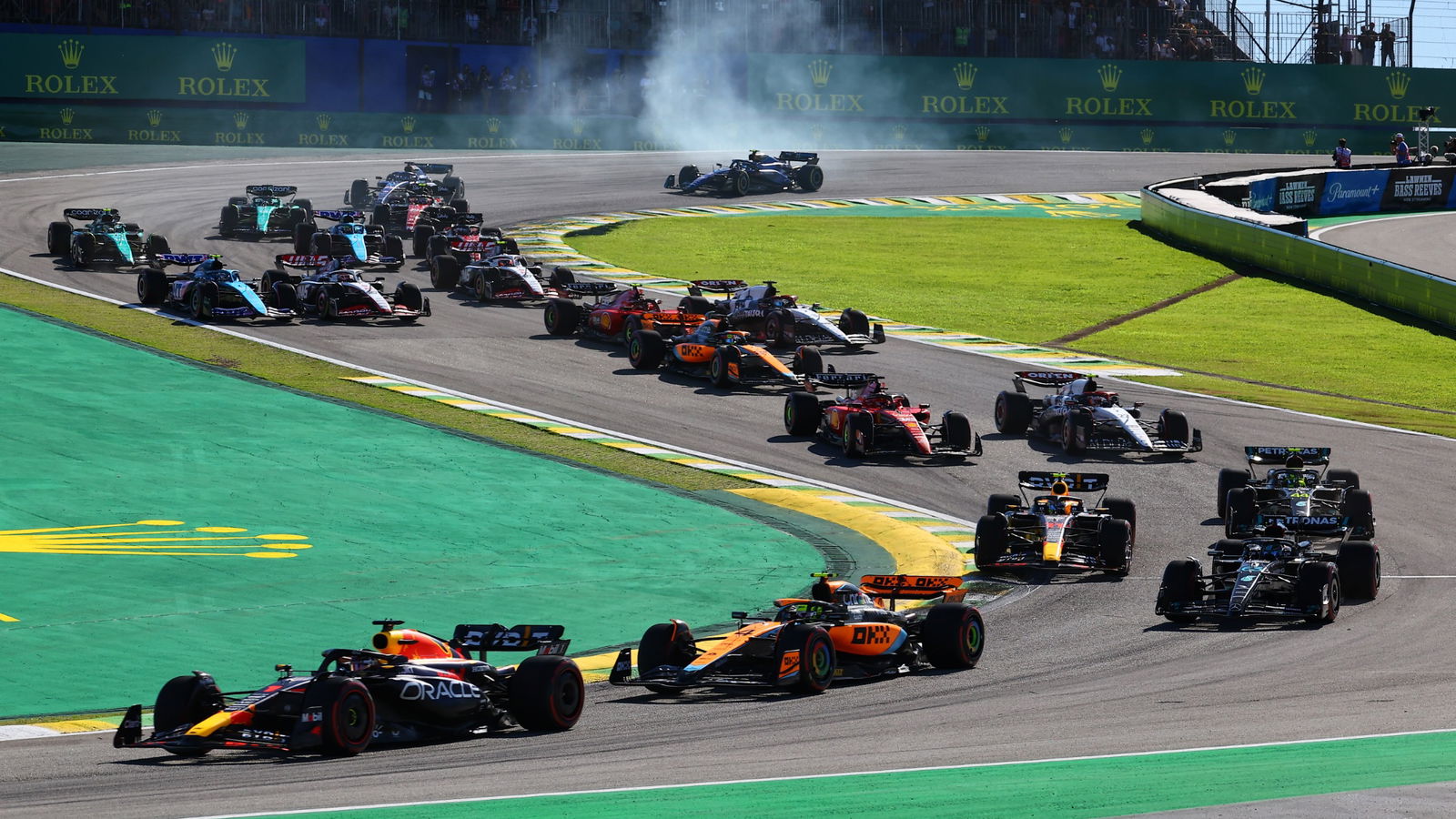 Max Verstappen (NLD) Red Bull Racing RB19 leads at the start of Sprint. Formula 1 World Championship, Rd 21, Brazilian