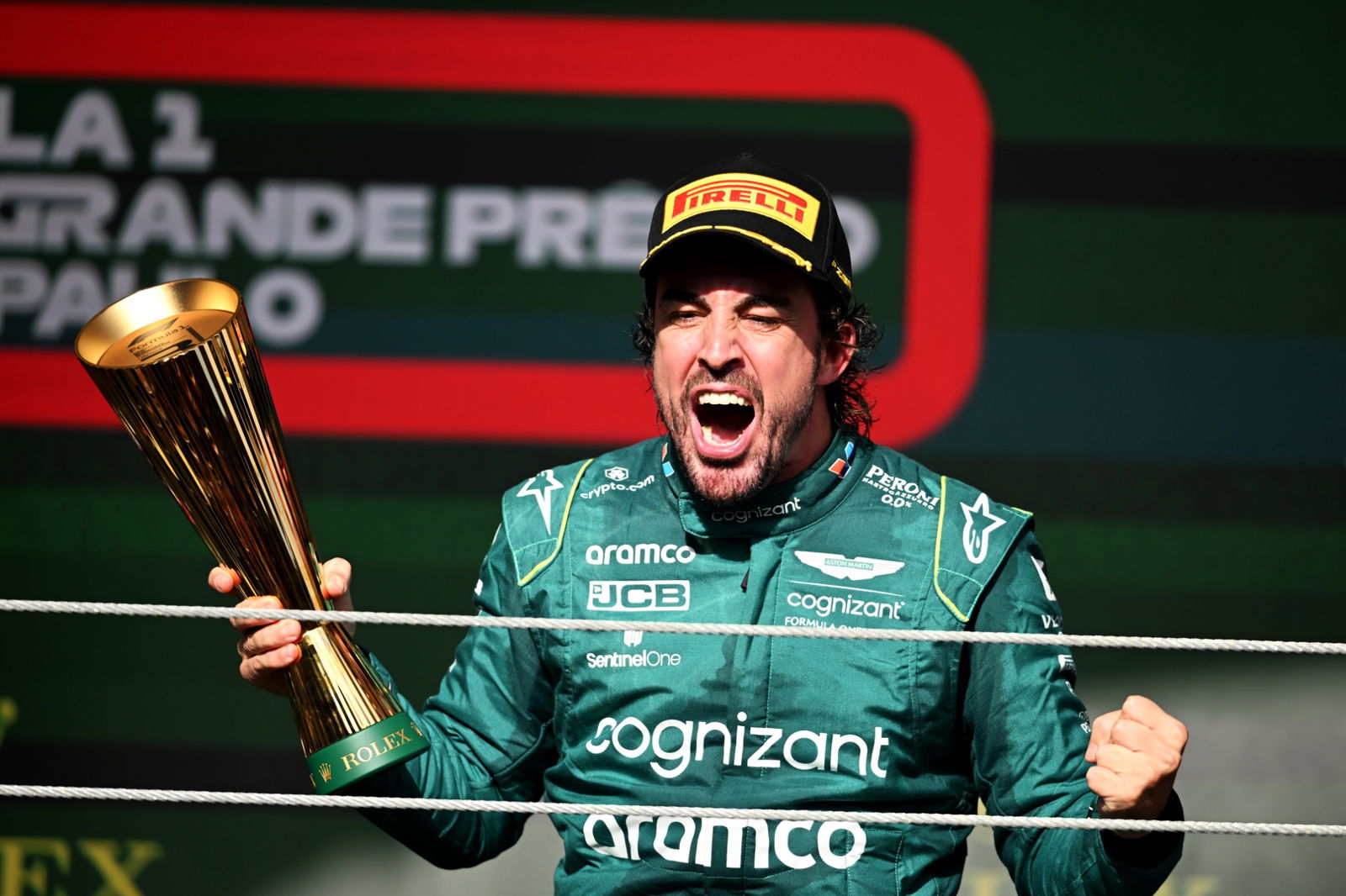 Fernando Alonso (ESP) Aston Martin F1 Team celebrates his third position on the podium. Formula 1 World Championship, Rd