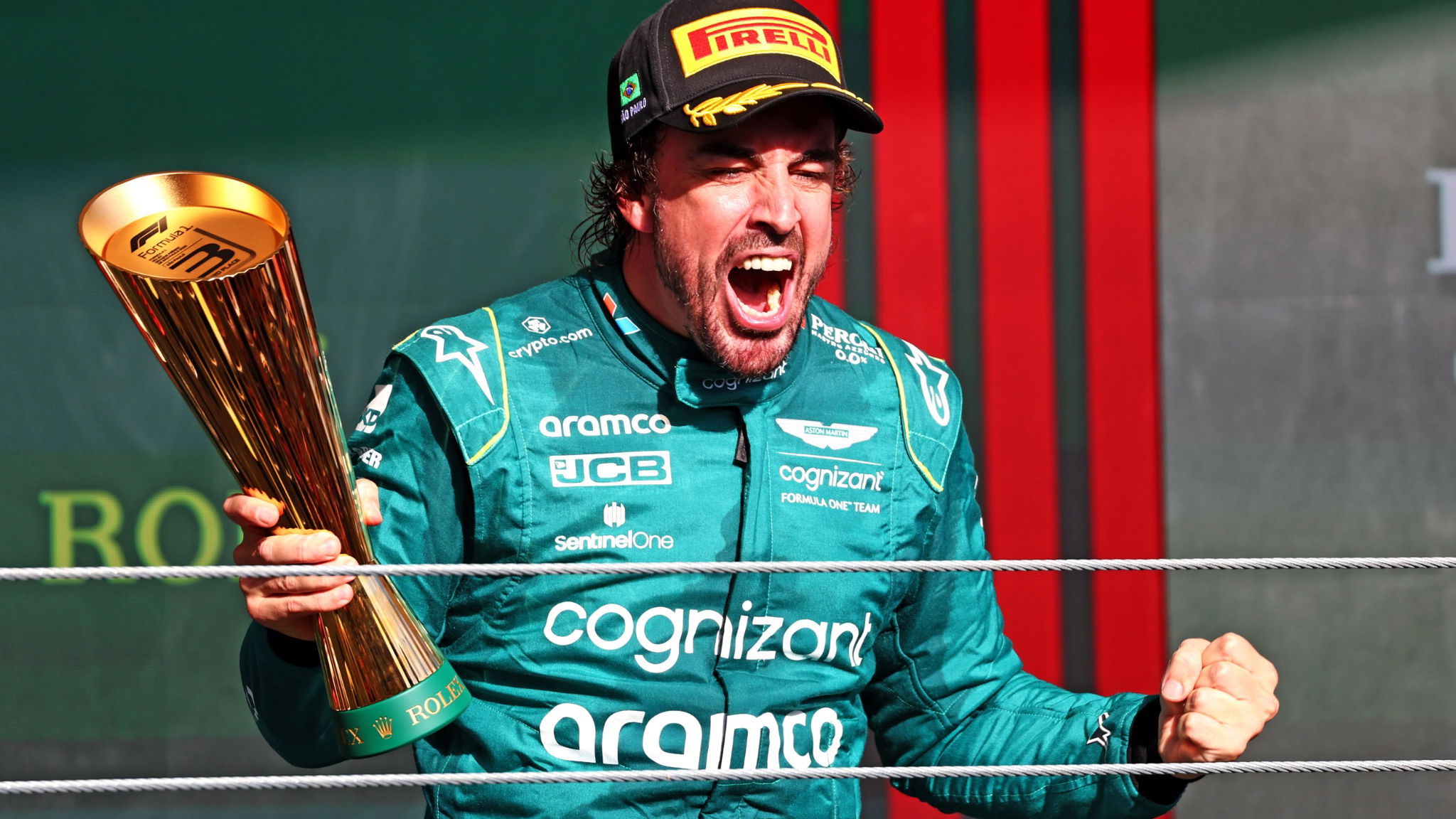 Fernando Alonso (ESP) Aston Martin F1 Team celebrates his third position on the podium. Formula 1 World Championship, Rd