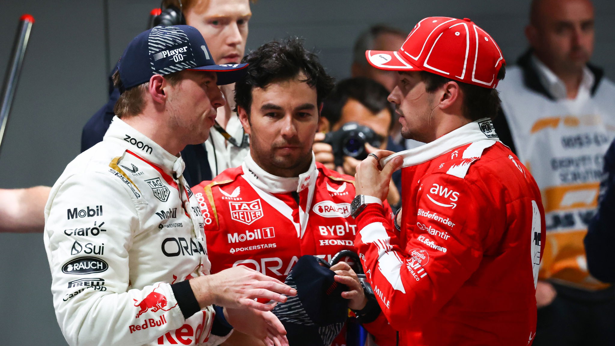 Max Verstappen (NLD), Red Bull Racing Charles Leclerc (FRA), Scuderia Ferrari Sergio Perez (MEX), Red Bull Racing Formula