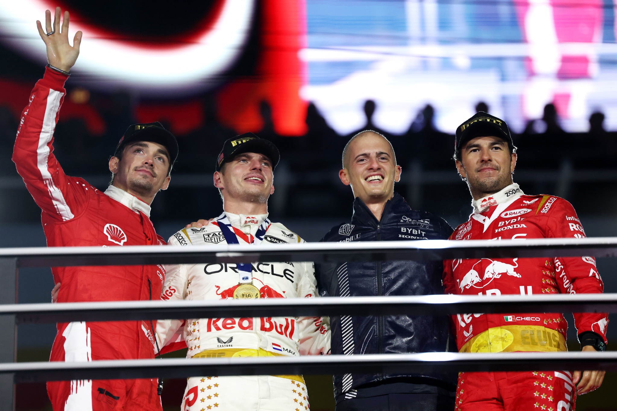 The podium (L to R): Charles Leclerc (MON) Ferrari, second; Max Verstappen (NLD) Red Bull Racing, race winner; Francesco