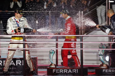 (L to R): Race winner Max Verstappen (NLD) Red Bull Racing celebrates on the podium with third placed Sergio Perez (MEX) Red