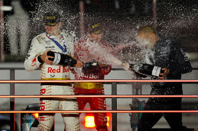 Race winner Max Verstappen (NLD) Red Bull Racing celebrates on the podium. Formula 1 World Championship, Rd 22, Las Vegas