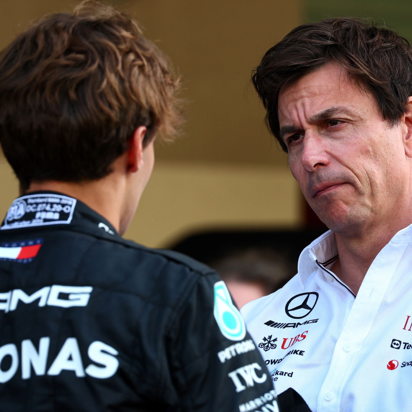 (L to R): George Russell (GBR) Mercedes AMG F1 with Toto Wolff (GER) Mercedes AMG F1 Shareholder and Executive Director.
