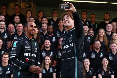 (L to R): Lewis Hamilton (GBR) Mercedes AMG F1 and George Russell (GBR) Mercedes AMG F1 at a team photograph. Formula 1