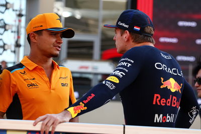 (L to R): Lando Norris (GBR) McLaren with Max Verstappen (NLD) Red Bull Racing on the drivers' parade. Formula 1 World