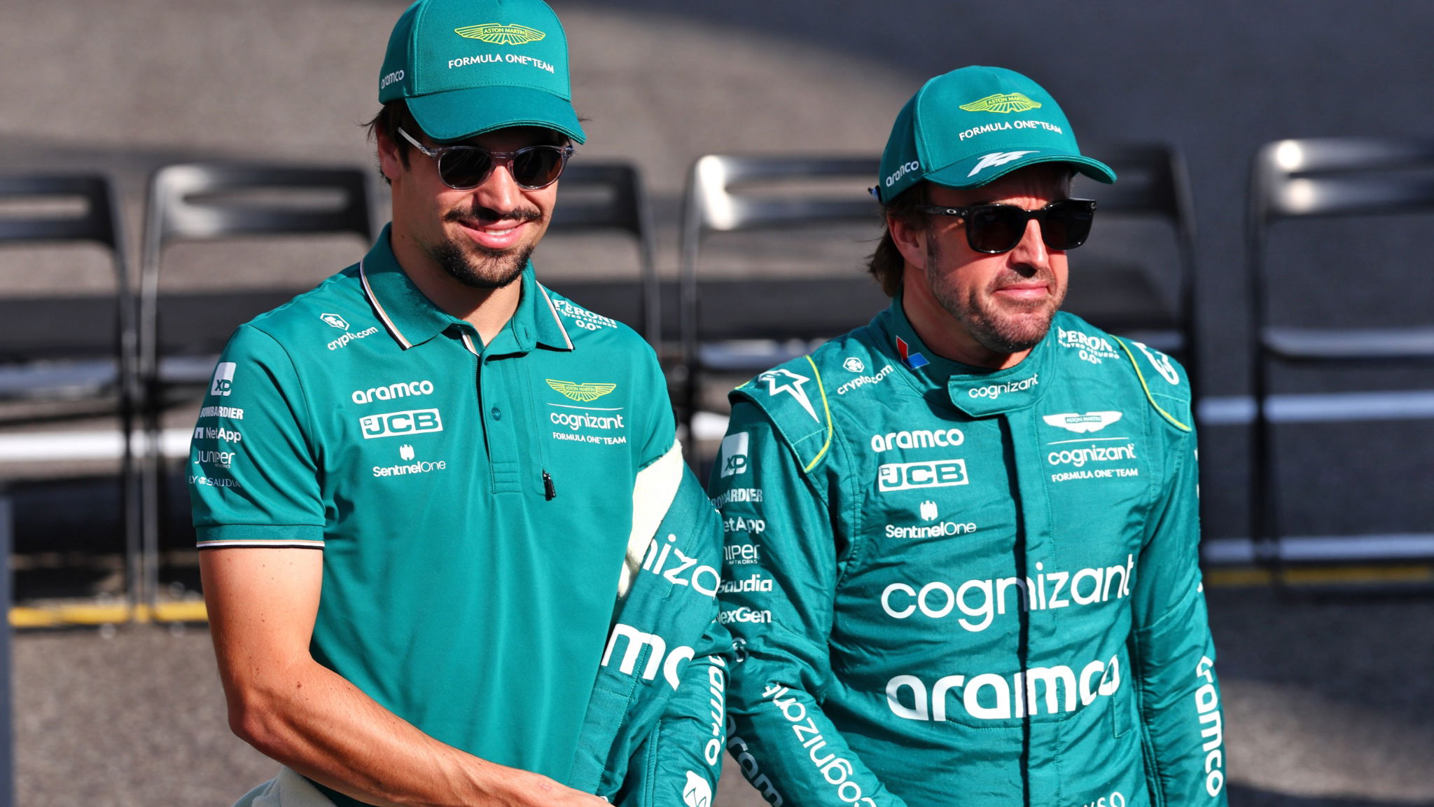 (L to R): Lance Stroll (CDN) Aston Martin F1 Team with Fernando Alonso (ESP) Aston Martin F1 Team. Formula 1 World