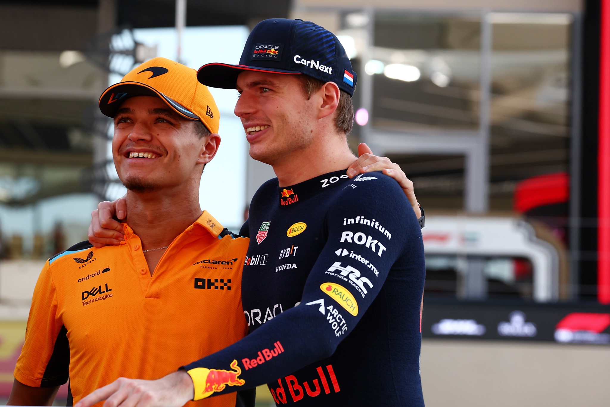 (L to R): Lando Norris (GBR) McLaren with Max Verstappen (NLD) Red Bull Racing on the drivers' parade. Formula 1 World