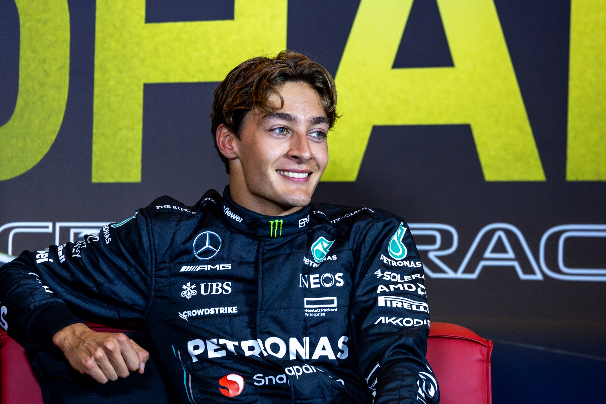 George Russell (GBR) Mercedes AMG F1 in the post race FIA Press Conference. Formula 1 World Championship, Rd 23, Abu Dhabi