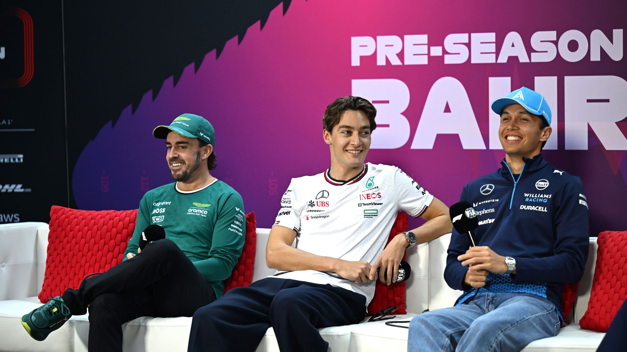 (L to R): Fernando Alonso (ESP) Aston Martin F1 Team; George Russell (GBR) Mercedes AMG F1; and Alexander Albon (THA)