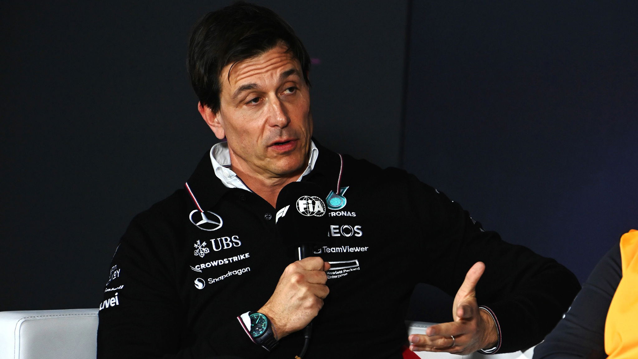 Toto Wolff (GER) Mercedes AMG F1 Shareholder and Executive Director in the FIA Press Conference. Formula 1 World