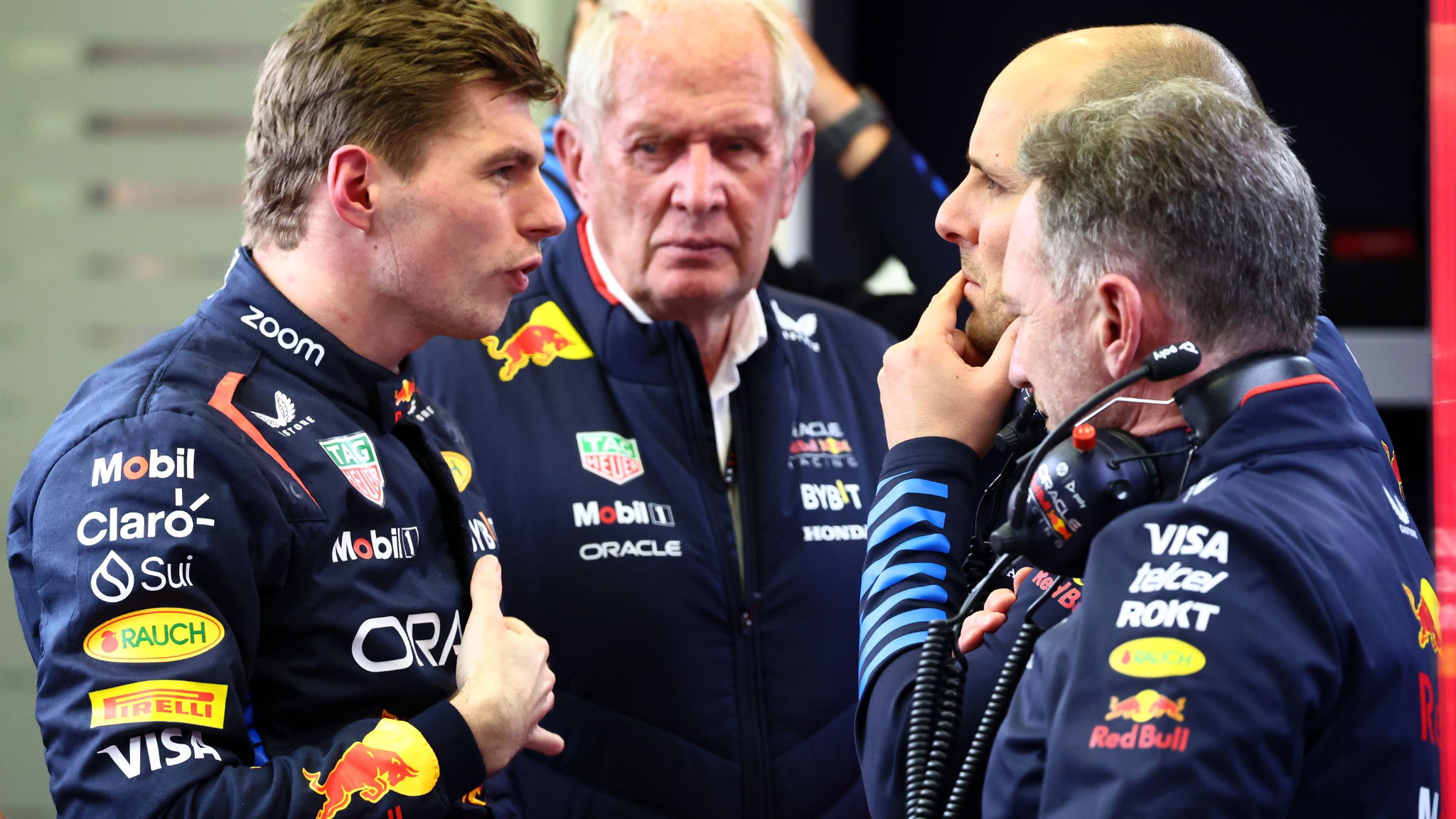 Max Verstappen (NLD) Red Bull Racing with Dr Helmut Marko (AUT) Red Bull Motorsport Consultant; Christian Horner (GBR) Red