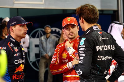 (L to R): pole sitter Max Verstappen (NLD) Red Bull Racing with Charles Leclerc (MON) Ferrari and George Russell (GBR)