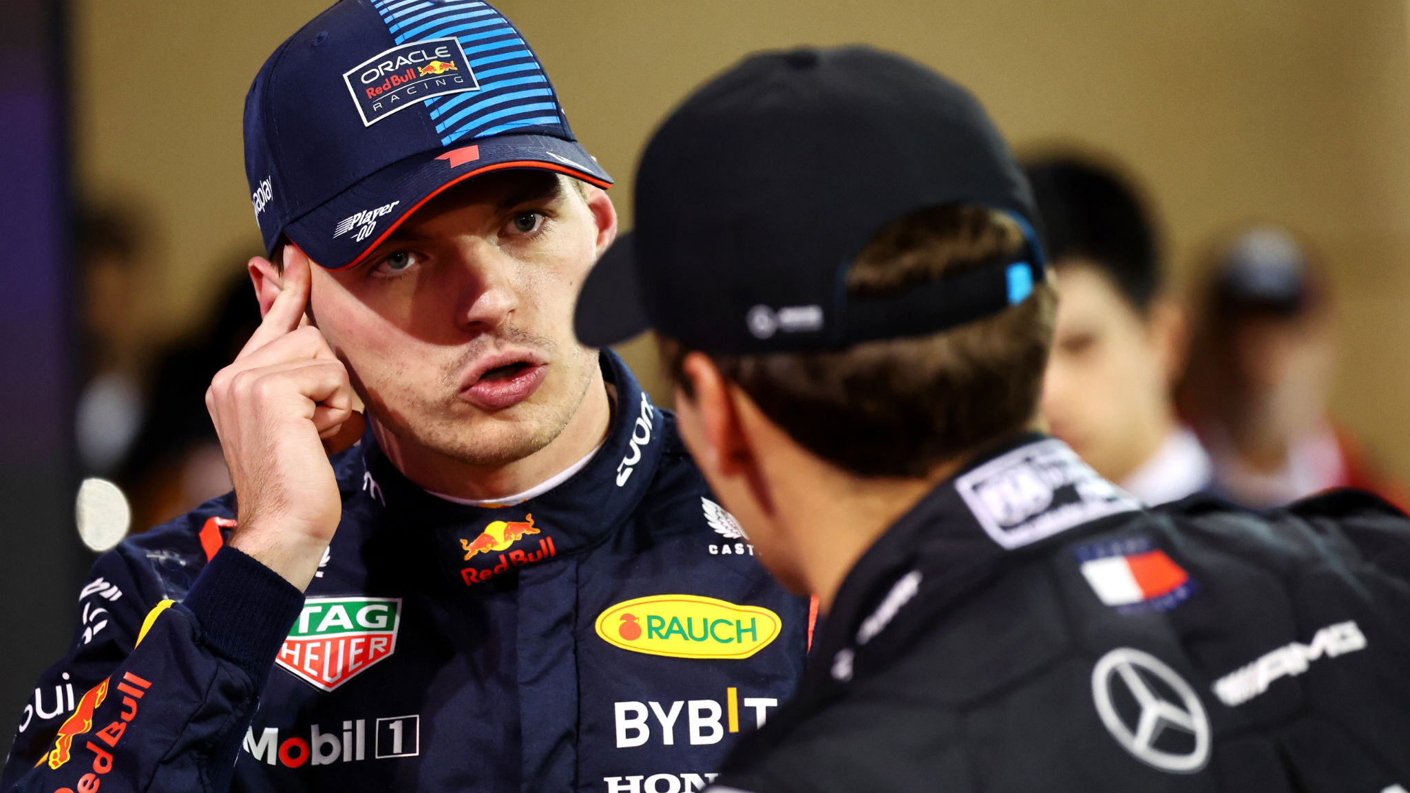 Max Verstappen (NLD) Red Bull Racing with George Russell (GBR) Mercedes AMG F1 in qualifying parc ferme. Formula 1 World