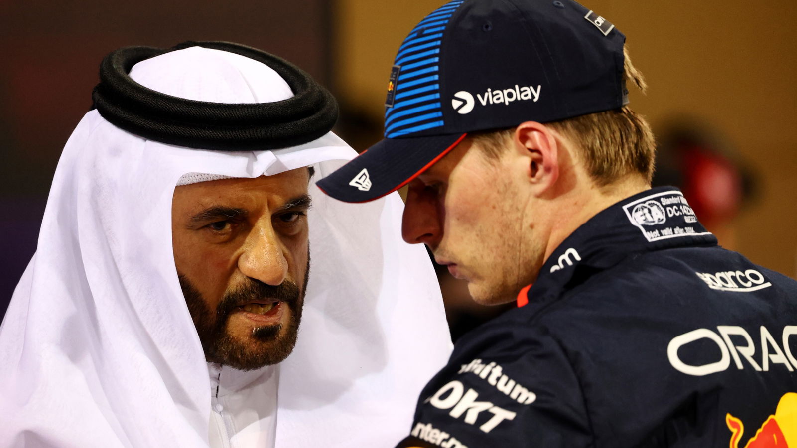 (L to R): Mohammed Bin Sulayem (UAE) FIA President with pole sitter Max Verstappen (NLD) Red Bull Racing in qualifying parc