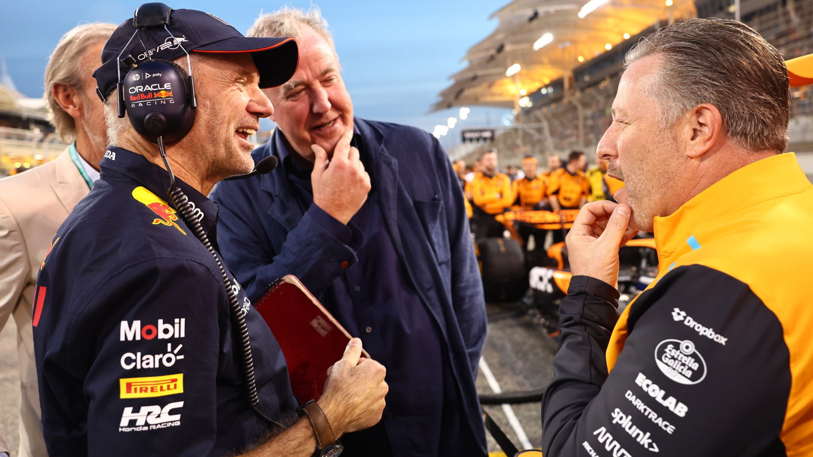 (L to R): Adrian Newey (GBR) Red Bull Racing Chief Technical Officer with Jeremy Clarkson (GBR) and Zak Brown (USA) McLaren
