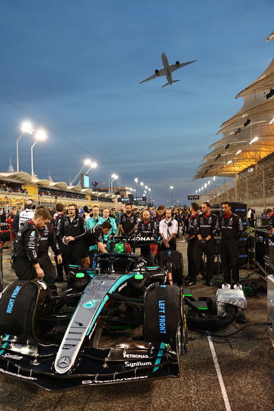 George Russell (GBR) Mercedes AMG F1 W15 - flyover. Formula 1 World Championship, Rd 1, Bahrain Grand Prix, Sakhir,