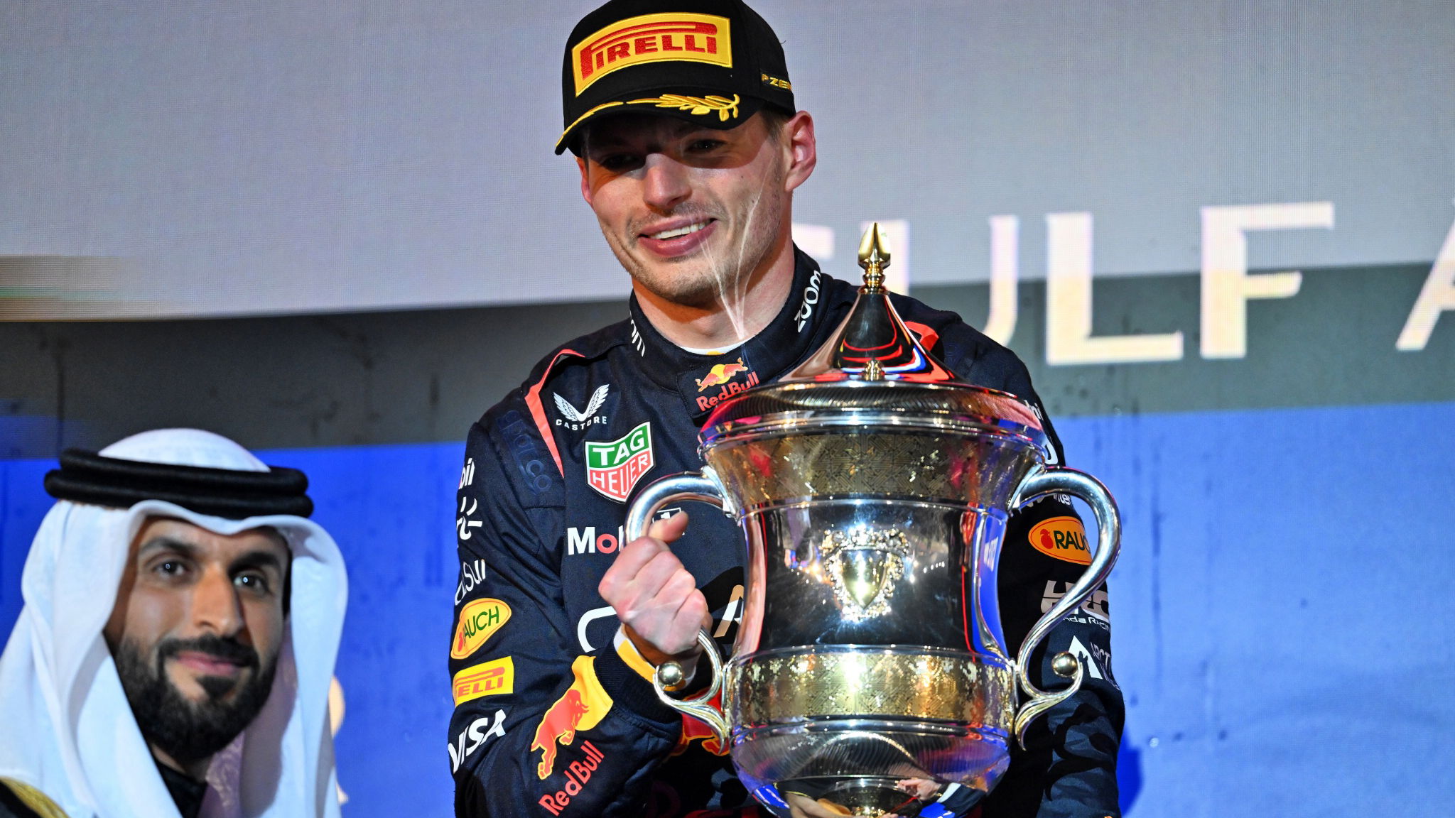 Race winner Max Verstappen (NLD) Red Bull Racing celebrates in on the podium. Formula 1 World Championship, Rd 1, Bahrain