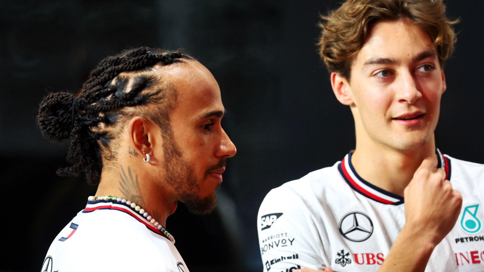 (L to R): Lewis Hamilton (GBR) Mercedes AMG F1 and George Russell (GBR) Mercedes AMG F1. Formula 1 World Championship, Rd