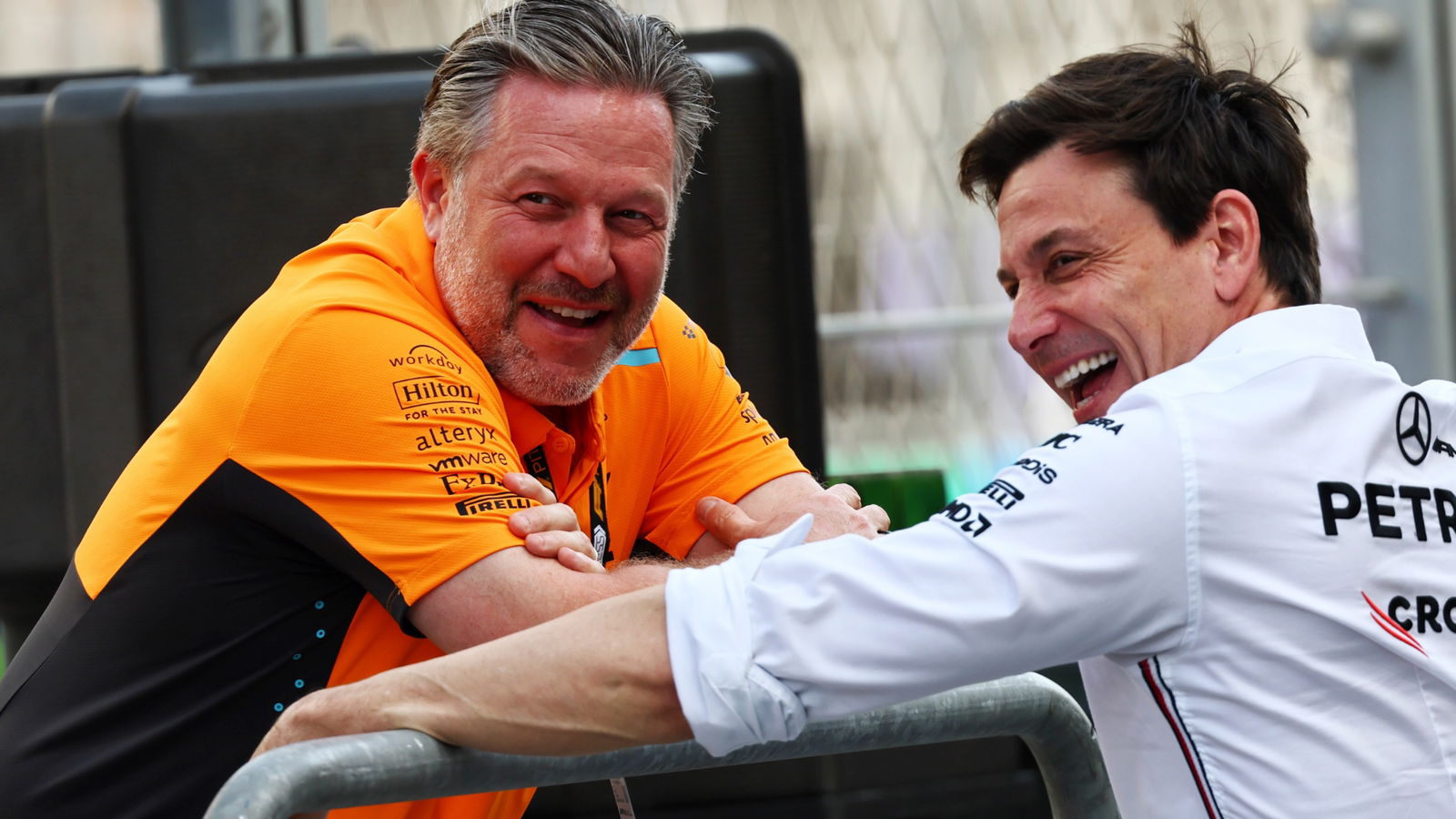 (L to R): Zak Brown (USA) McLaren Executive Director with Toto Wolff (GER) Mercedes AMG F1 Shareholder and Executive