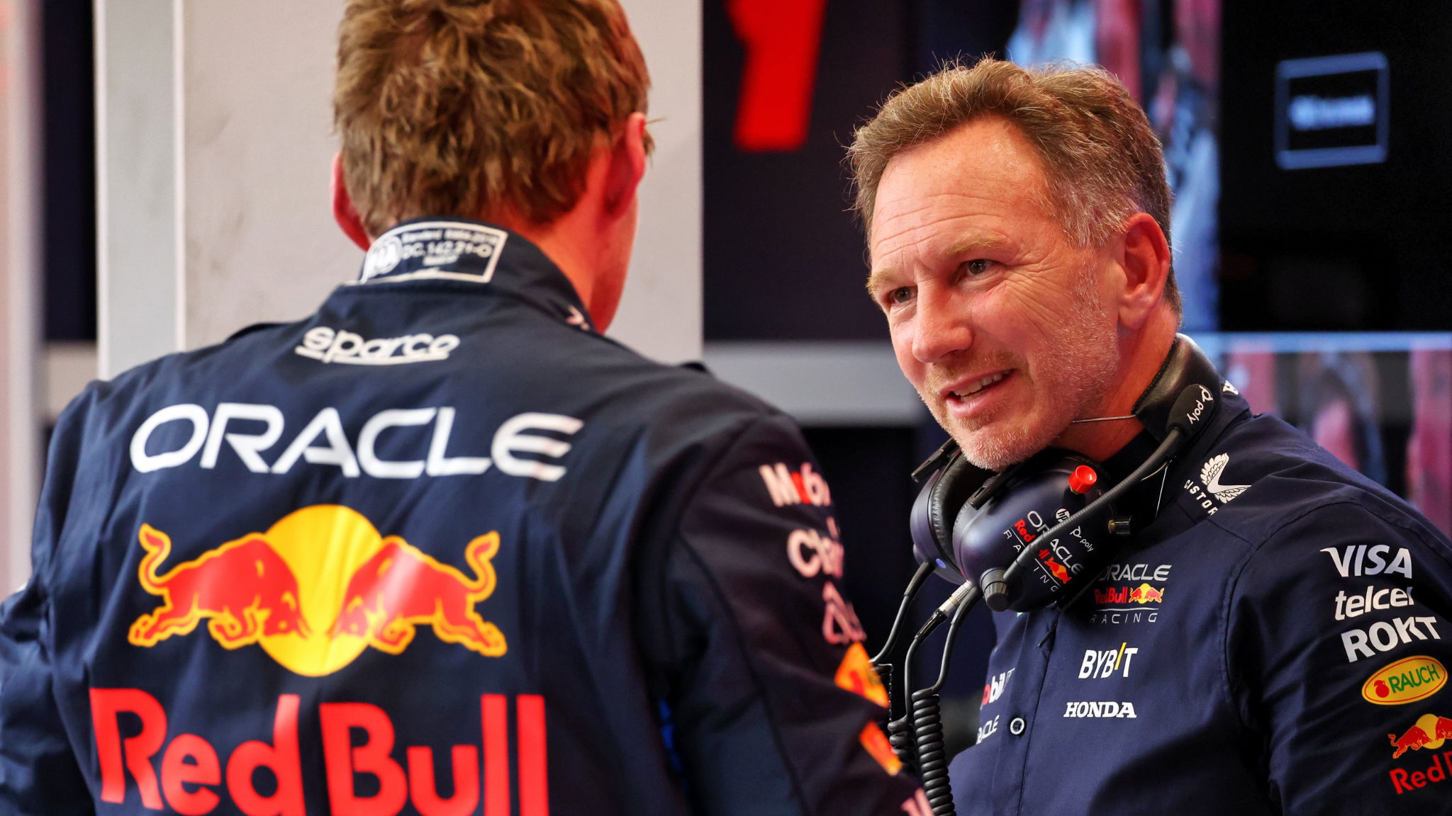 Christian Horner (GBR) Red Bull Racing Team Principal with Max Verstappen (NLD) Red Bull Racing. Formula 1 World