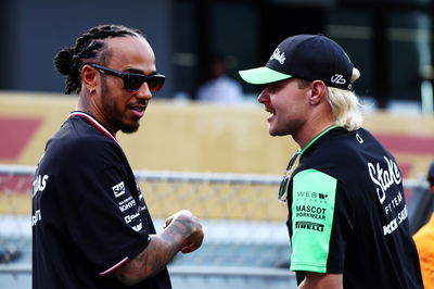 (L to R): Lewis Hamilton (GBR) Mercedes AMG F1 and Valtteri Bottas (FIN) Sauber on the drivers' parade. Formula 1 World