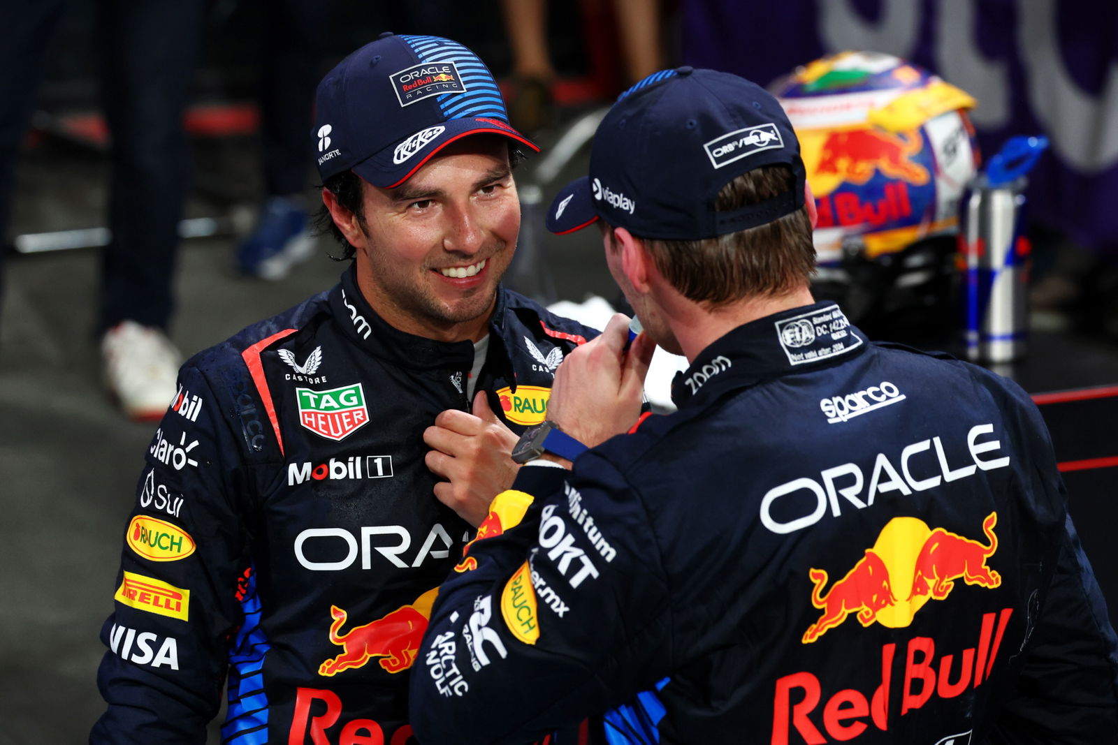 (L to R): second placed Sergio Perez (MEX) Red Bull Racing with team mate and race winner Max Verstappen (NLD) Red Bull