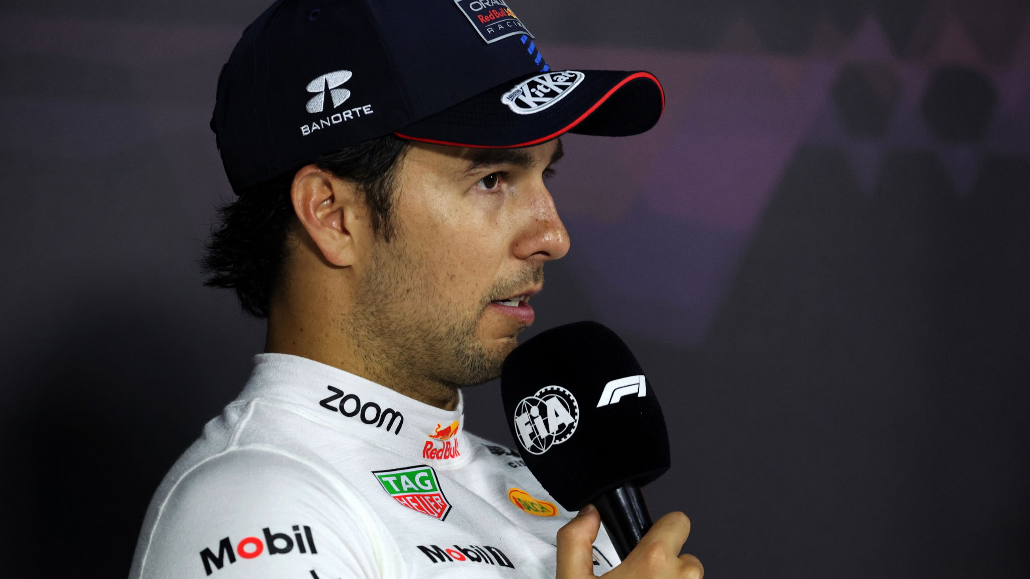 Sergio Perez (MEX) Red Bull Racing in the post race FIA Press Conference. Formula 1 World Championship, Rd 2, Saudi