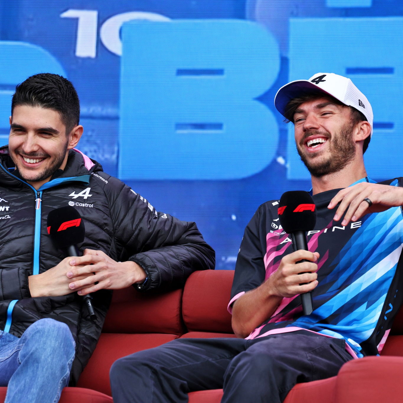 (L to R): Esteban Ocon (FRA) Alpine F1 Team and Pierre Gasly (FRA) Alpine F1 Team on the FanZone Stage. Formula 1 World