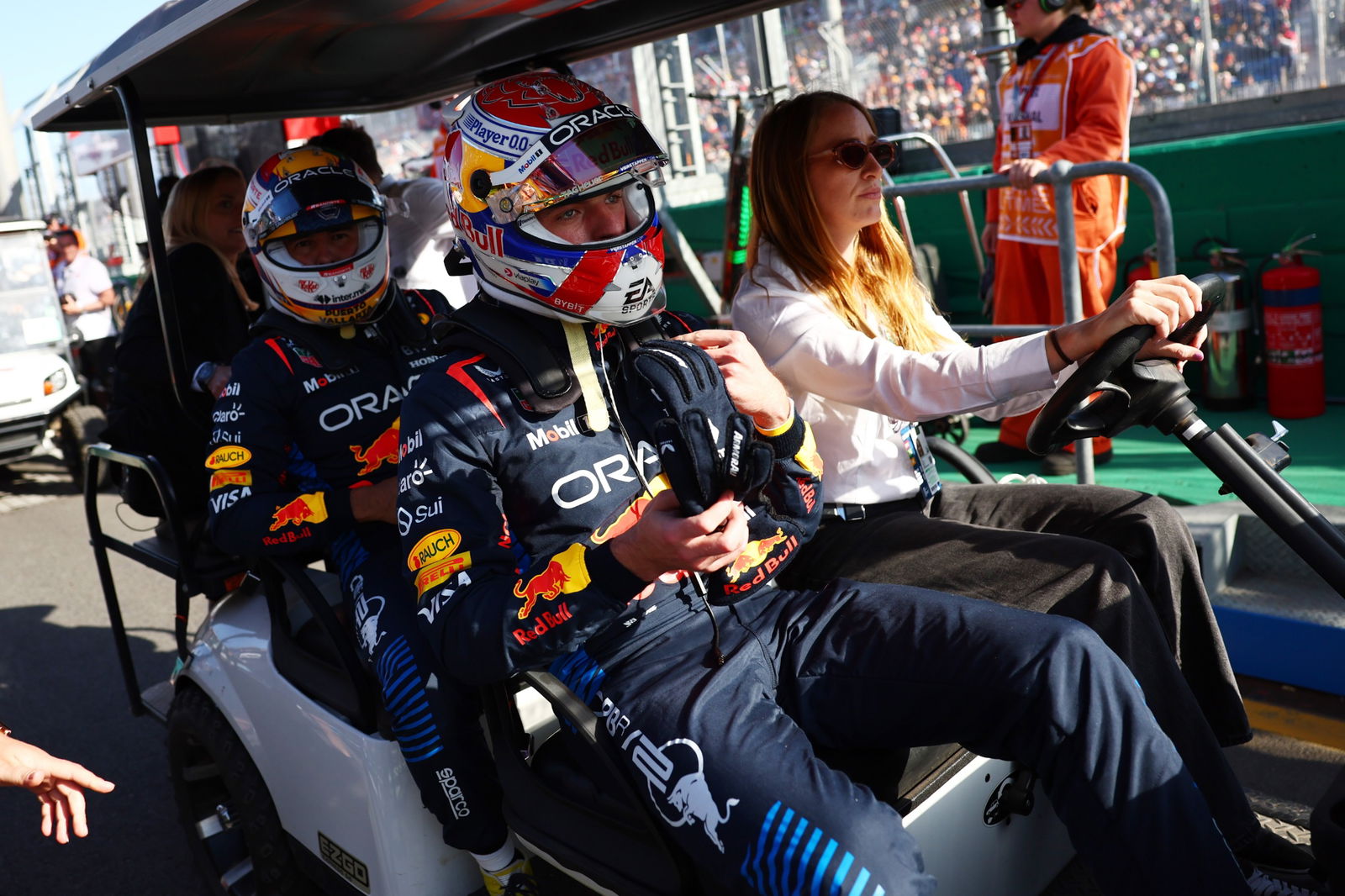 Max Verstappen (NLD) Red Bull Racing with Sergio Perez (MEX) Red Bull Racing. Formula 1 World Championship, Rd 3,