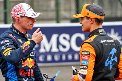 (L to R): Pole sitter Max Verstappen (NLD) Red Bull Racing with third placed Lando Norris (GBR) McLaren in qualifying parc