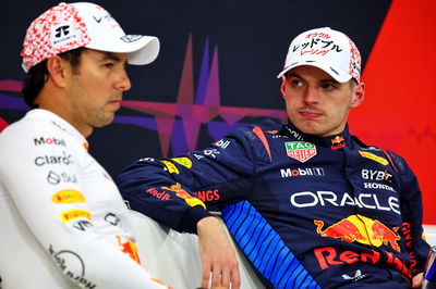 (L to R): Sergio Perez (MEX) Red Bull Racing and team mate Max Verstappen (NLD) Red Bull Racing in the post qualifying FIA