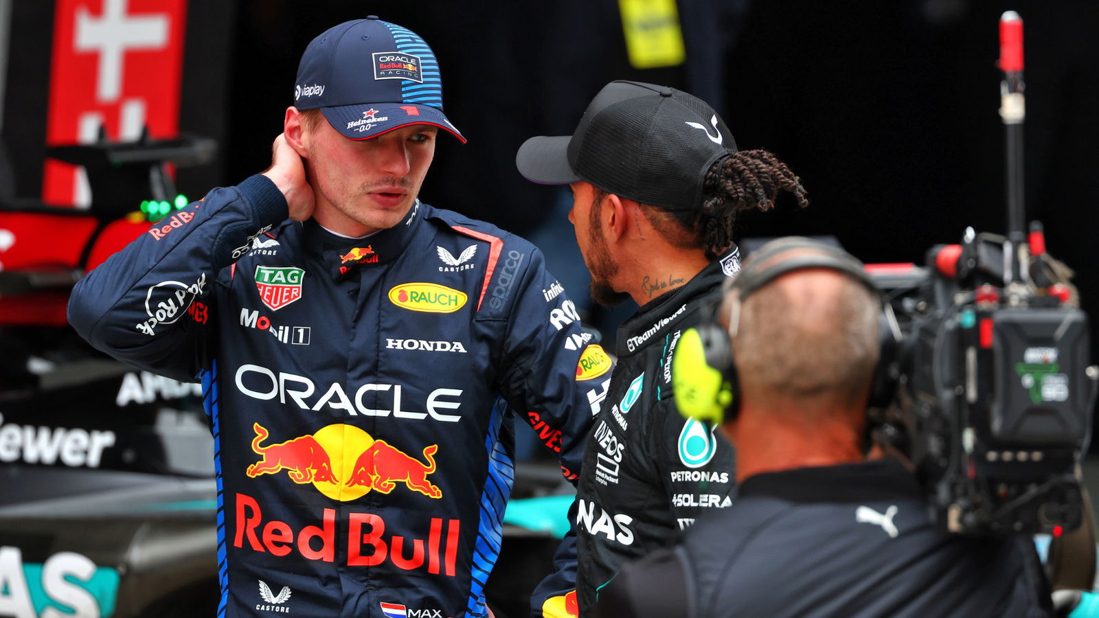 (L to R): Winner Max Verstappen (NLD) Red Bull Racing with second placed Lewis Hamilton (GBR) Mercedes AMG F1 in Sprint parc