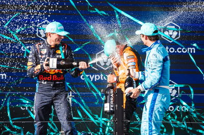 The podium (L to R): Max Verstappen (NLD) Red Bull Racing, second; Lando Norris (GBR) McLaren, race winner; Charles Leclerc