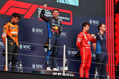 The podium (L to R): Lando Norris (GBR) McLaren, second; Max Verstappen (NLD) Red Bull Racing, race winner; Charles Leclerc