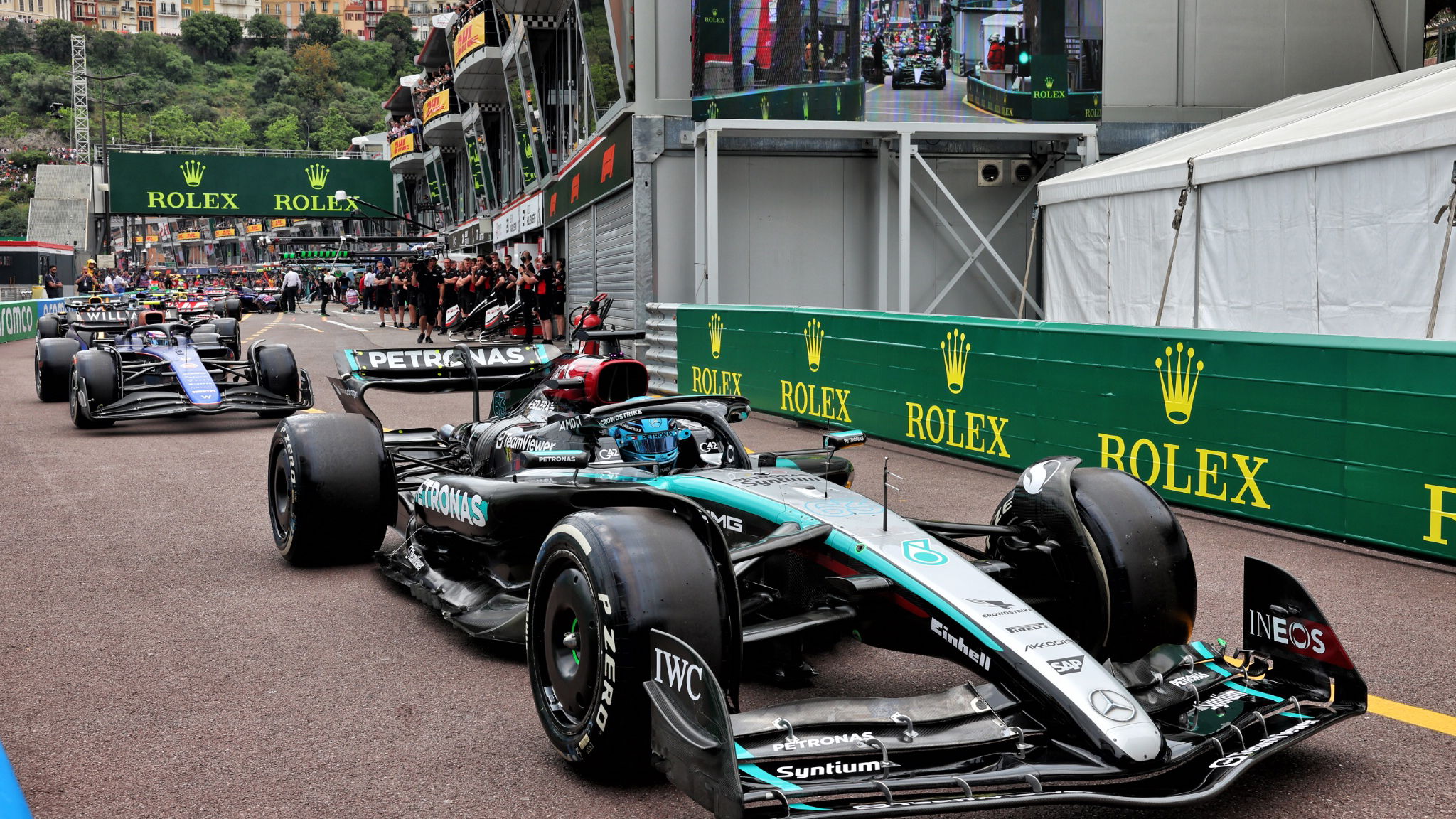 George Russell (GBR) Mercedes AMG F1 W15 leaves the pits. Formula 1 World Championship, Rd 8, Monaco Grand Prix, Monte