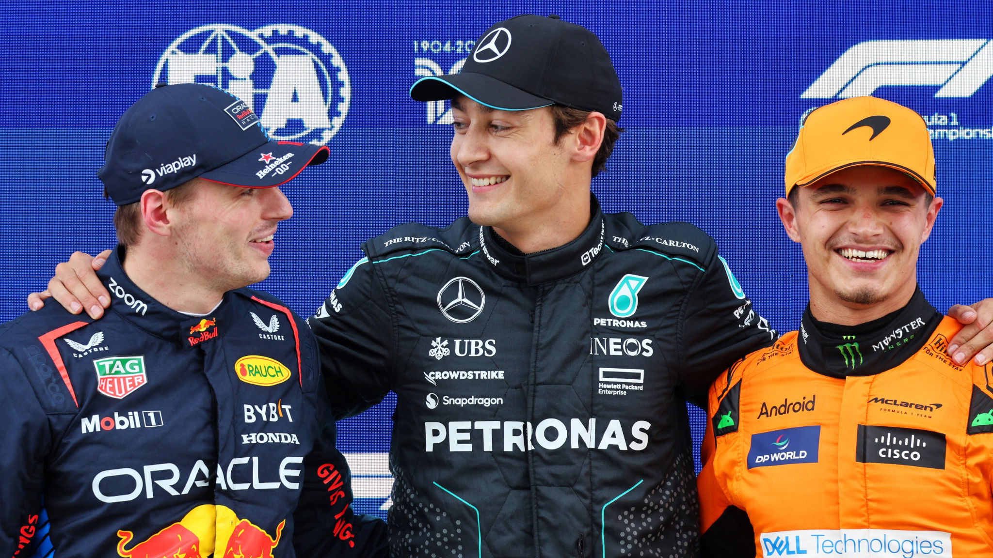 Qualifying top three in parc ferme (L to R): Max Verstappen (NLD) Red Bull Racing, second; George Russell (GBR) Mercedes AMG