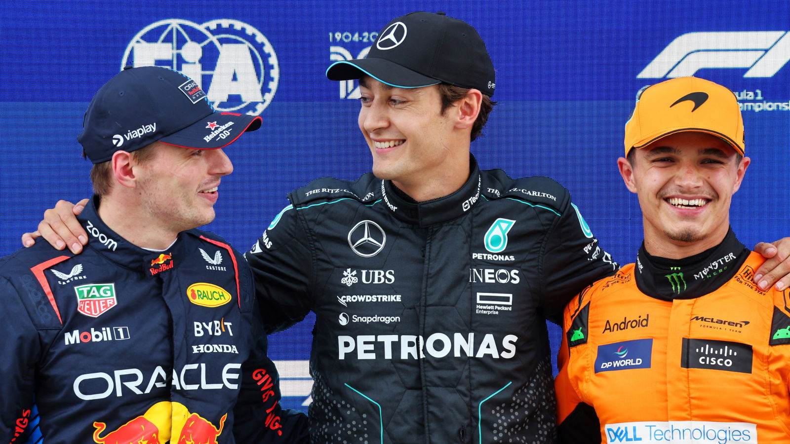 Qualifying top three in parc ferme (L to R): Max Verstappen (NLD) Red Bull Racing, second; George Russell (GBR) Mercedes AMG