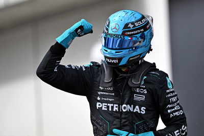 George Russell (GBR) Mercedes AMG F1 celebrates his pole position in qualifying parc ferme. Formula 1 World Championship,