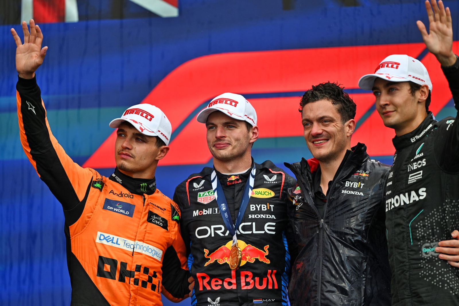 The podium (L to R): Lando Norris (GBR) McLaren, second; Max Verstappen (NLD) Red Bull Racing, race winner; Steve Knowles