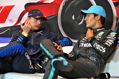 (L to R): Max Verstappen (NLD) Red Bull Racing and George Russell (GBR) Mercedes AMG F1 in the post race FIA Press